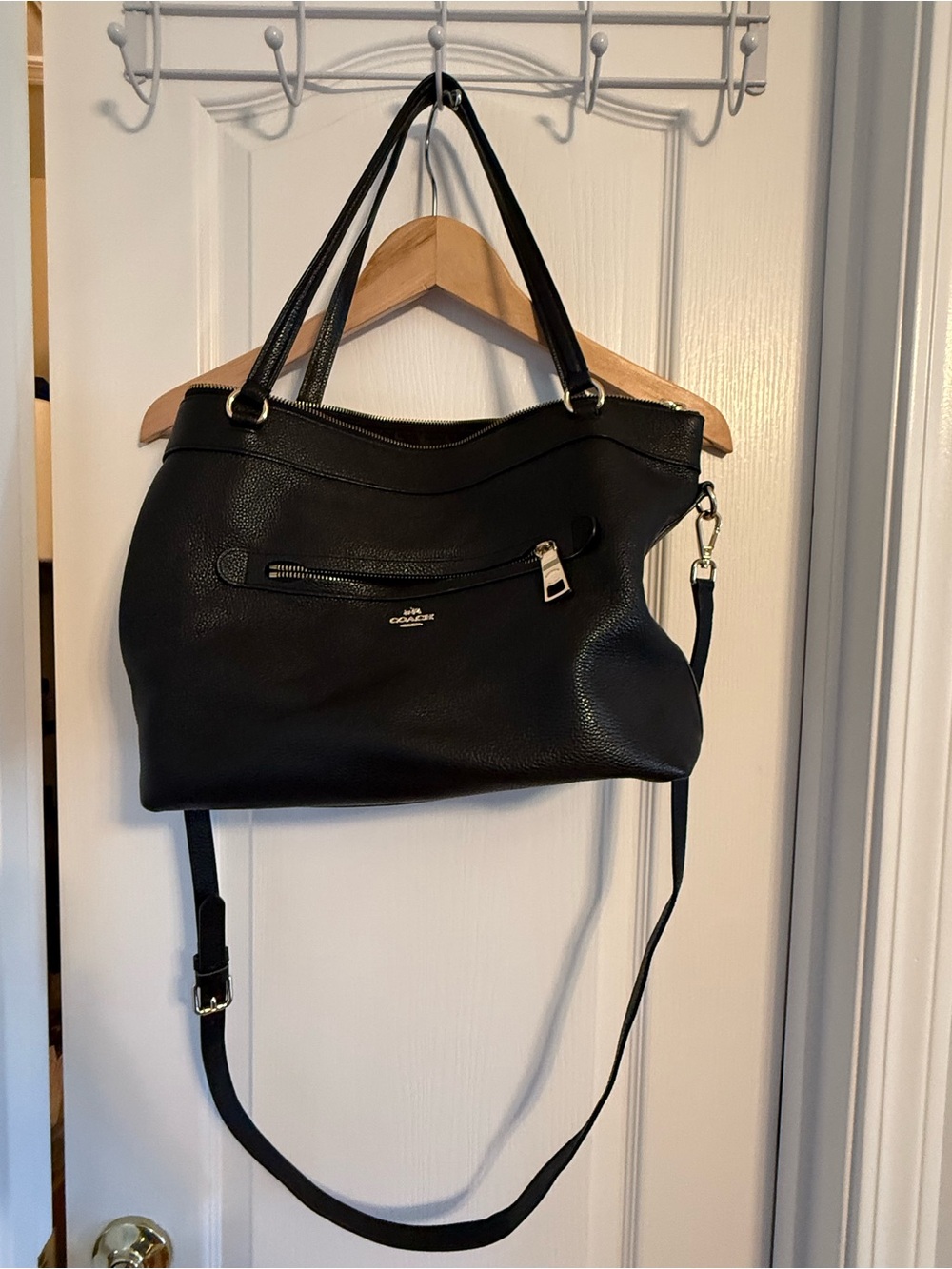 Coach Black Pebble Leather Shoulder Tote with Crossbody Strap